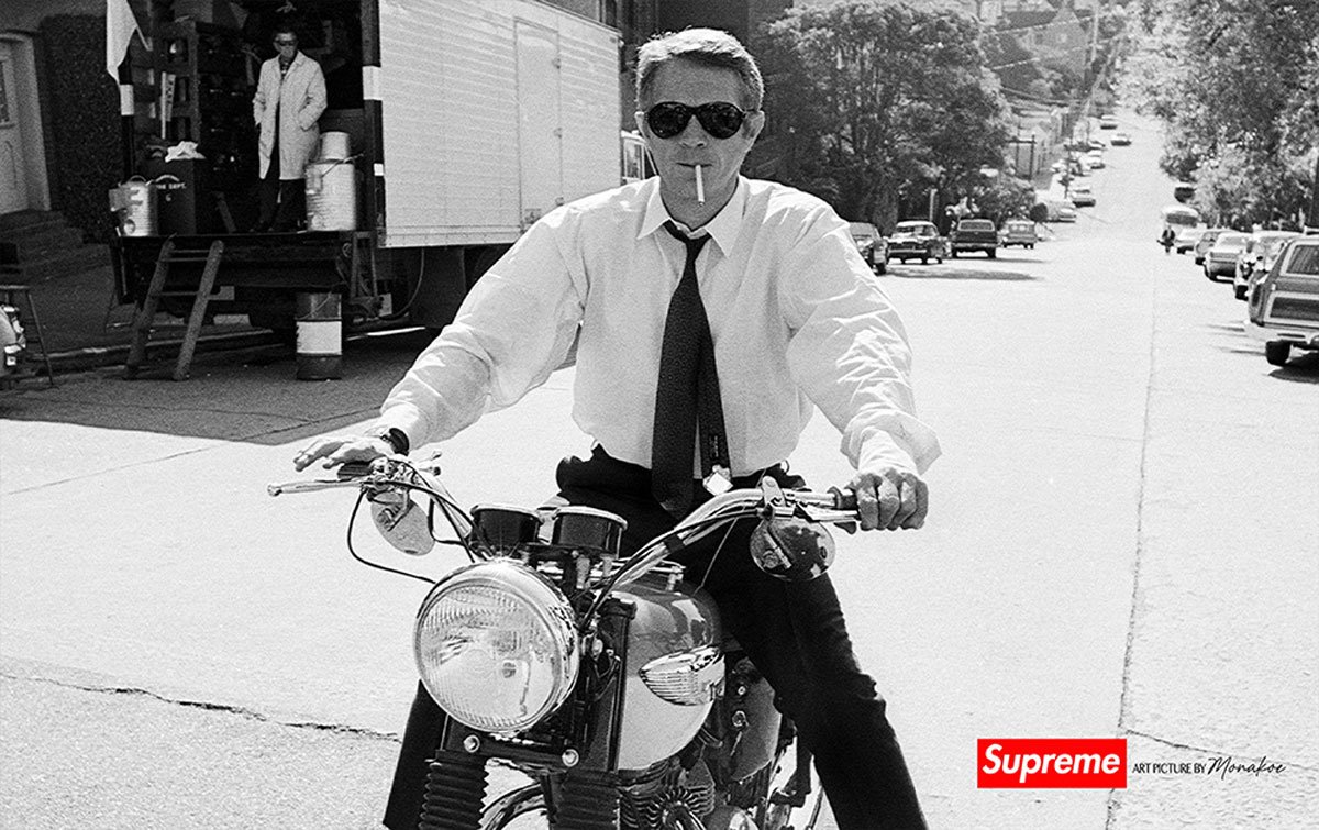 Steeve McQueen 3 Moto, Supreme by Monakoe, Photo printed on glossy paper, Silver finish, framed, Photo size 44,5x28, Frame size 54,5x38 cm (white pass-through), edited in 5 copies