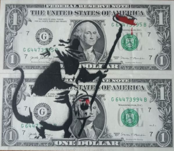 Pochoir et graffiti réalisé à la main sur deux véritables billet de 1$