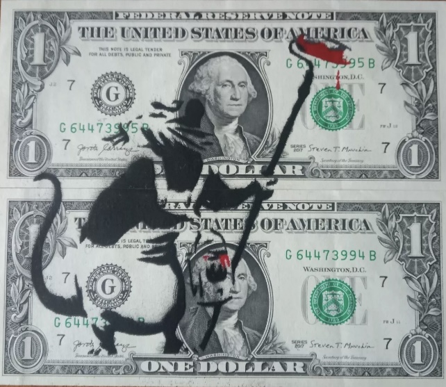 Pochoir et graffiti réalisé à la main sur deux véritables billet de 1$